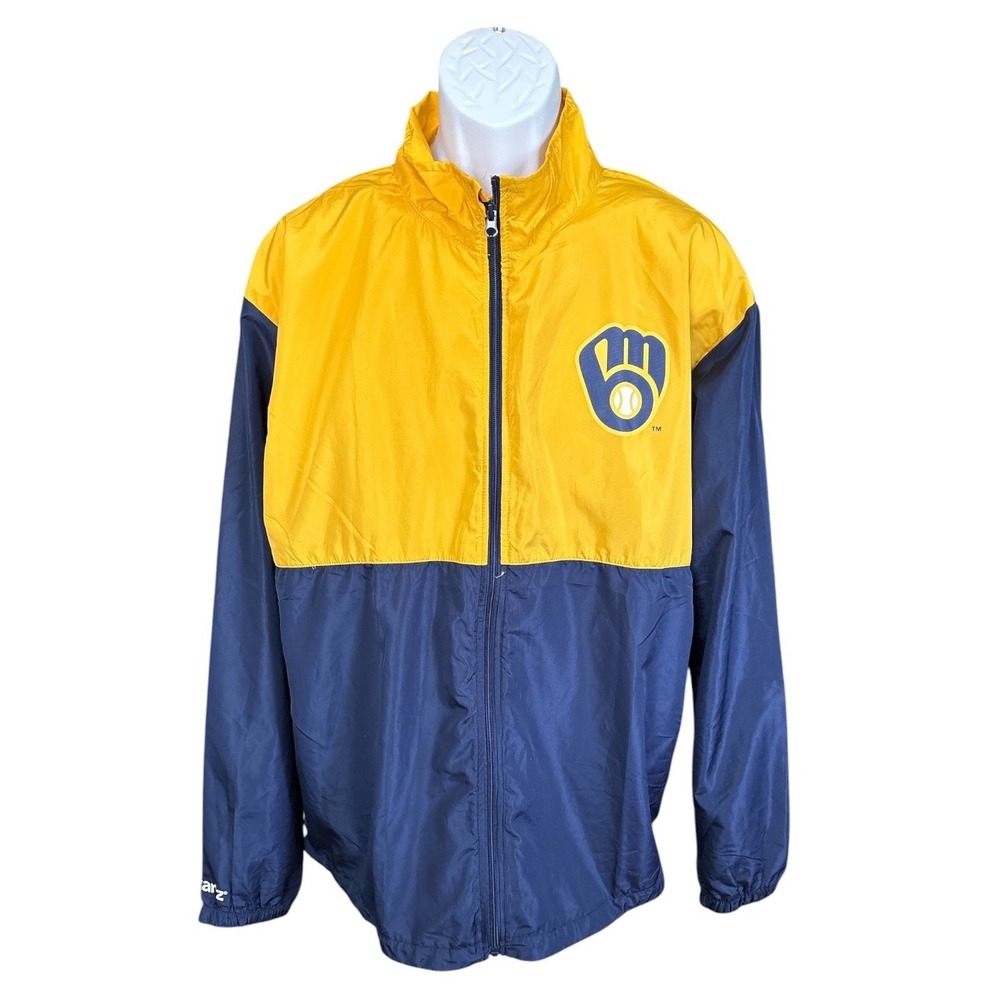 Milwaukee Brewers Full-Zip Windbreaker, XL, Yellow & Blue, Retro Glove Logo, MLB